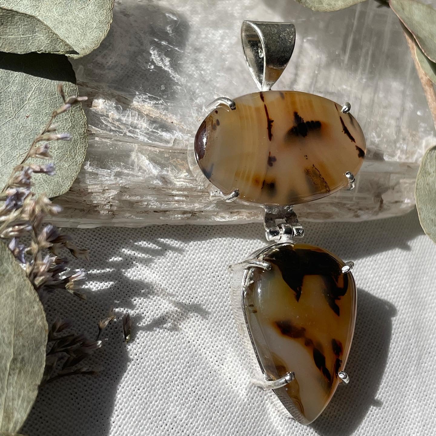 Montana Agate Double Pendant Sterling silver 925 حجر العقيق المصور طبيعي فضة إسترليني