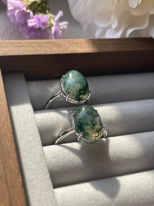 S925 Moss Agate Ring | Adjustable | خاتم عقيق الطحلب