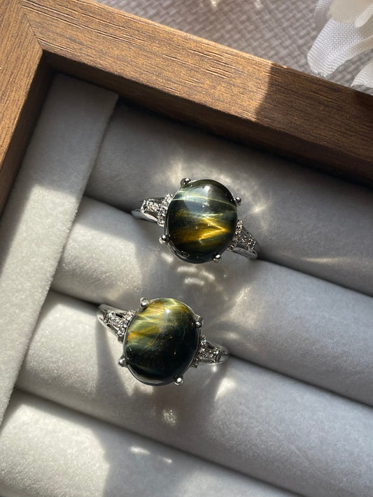 S925 Blue Tiger Eye Ring | Adjustable |  خاتم عين النمر الازرق