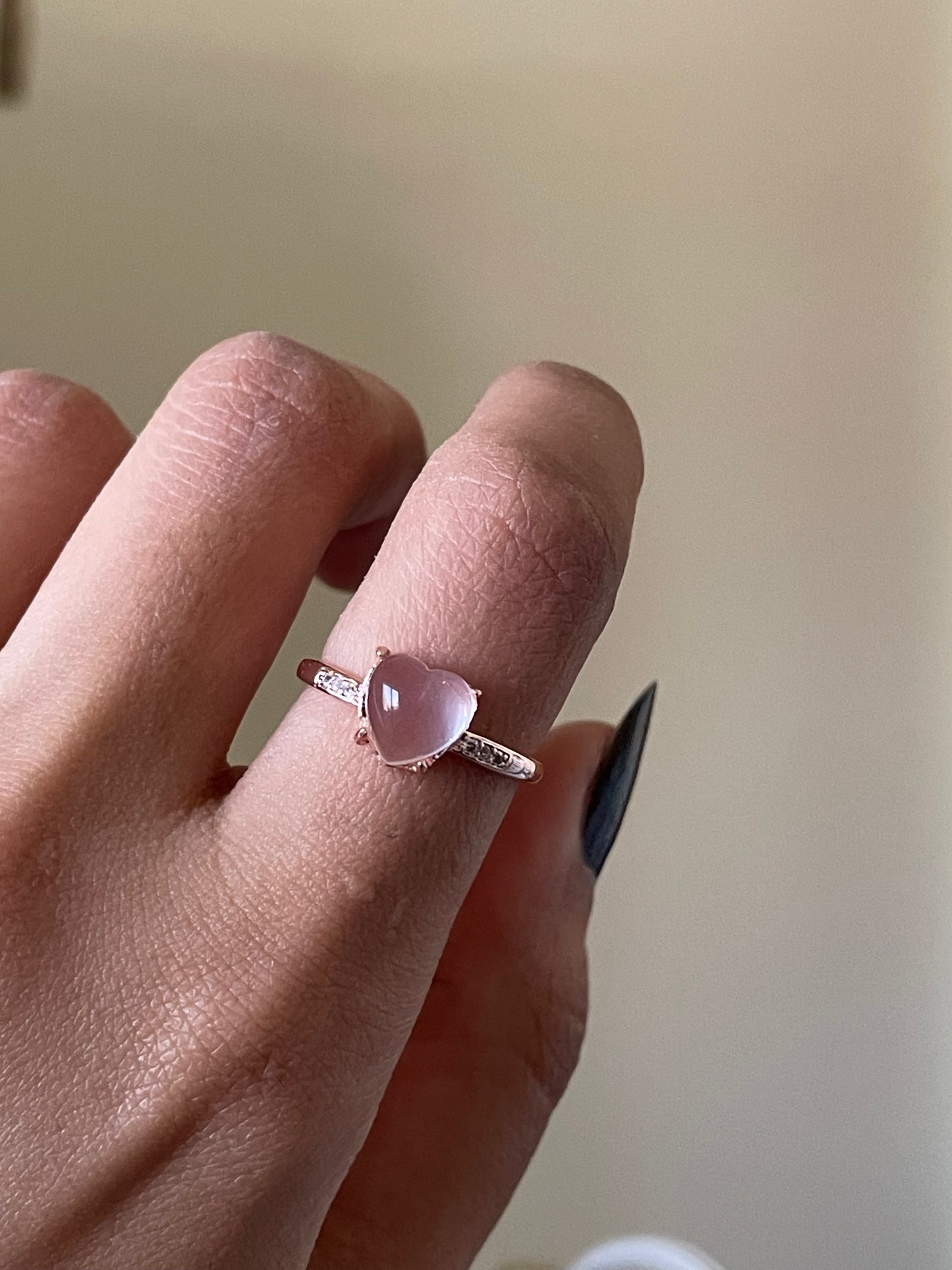 S925Rose Gold Plated Rose Quartz Heart Ring | Adjustable |  خاتم حجر كوارتز الزهري