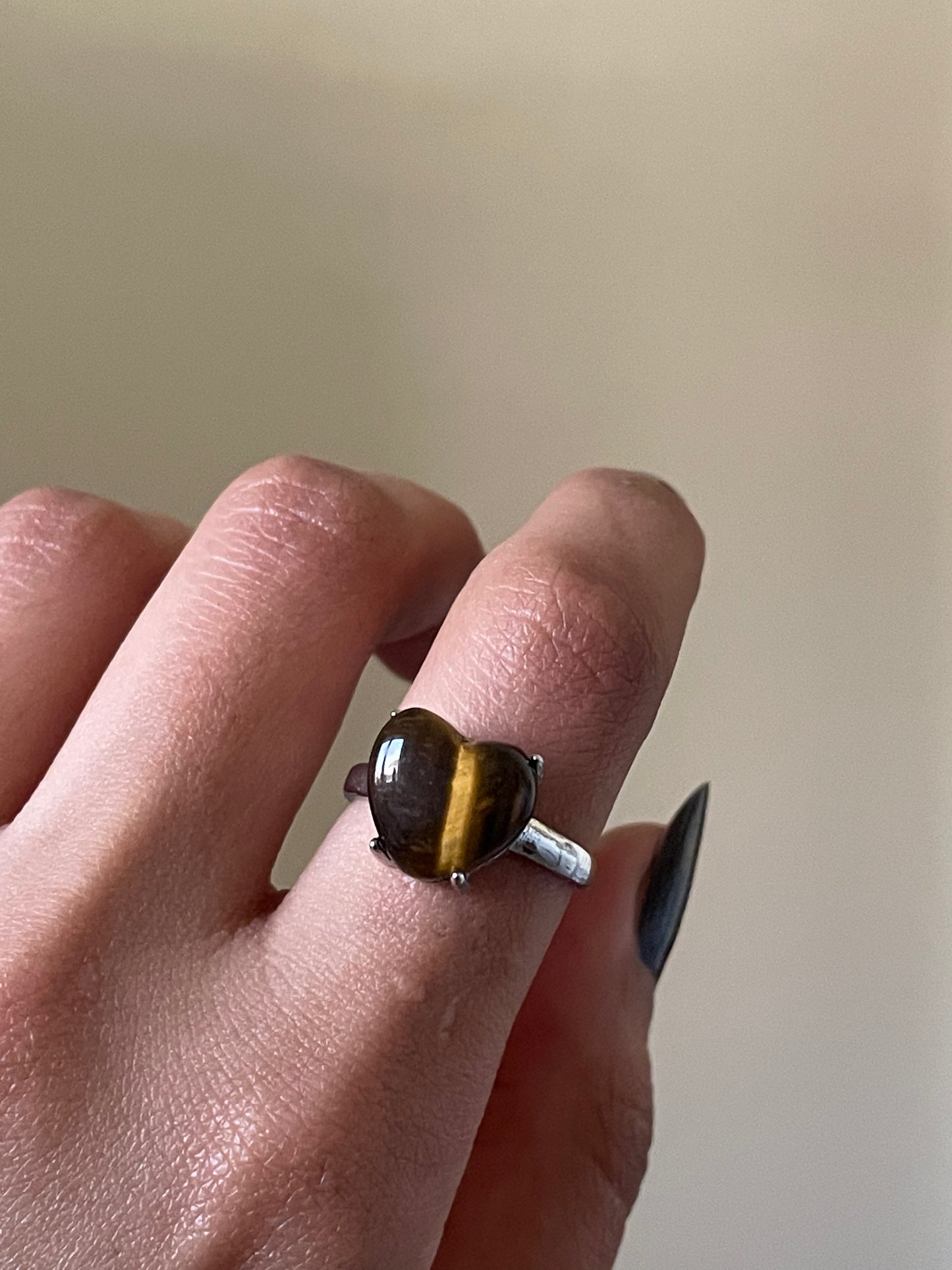 S925 Heart Tiger Eye Ring | Adjustable | خاتم عين النمر