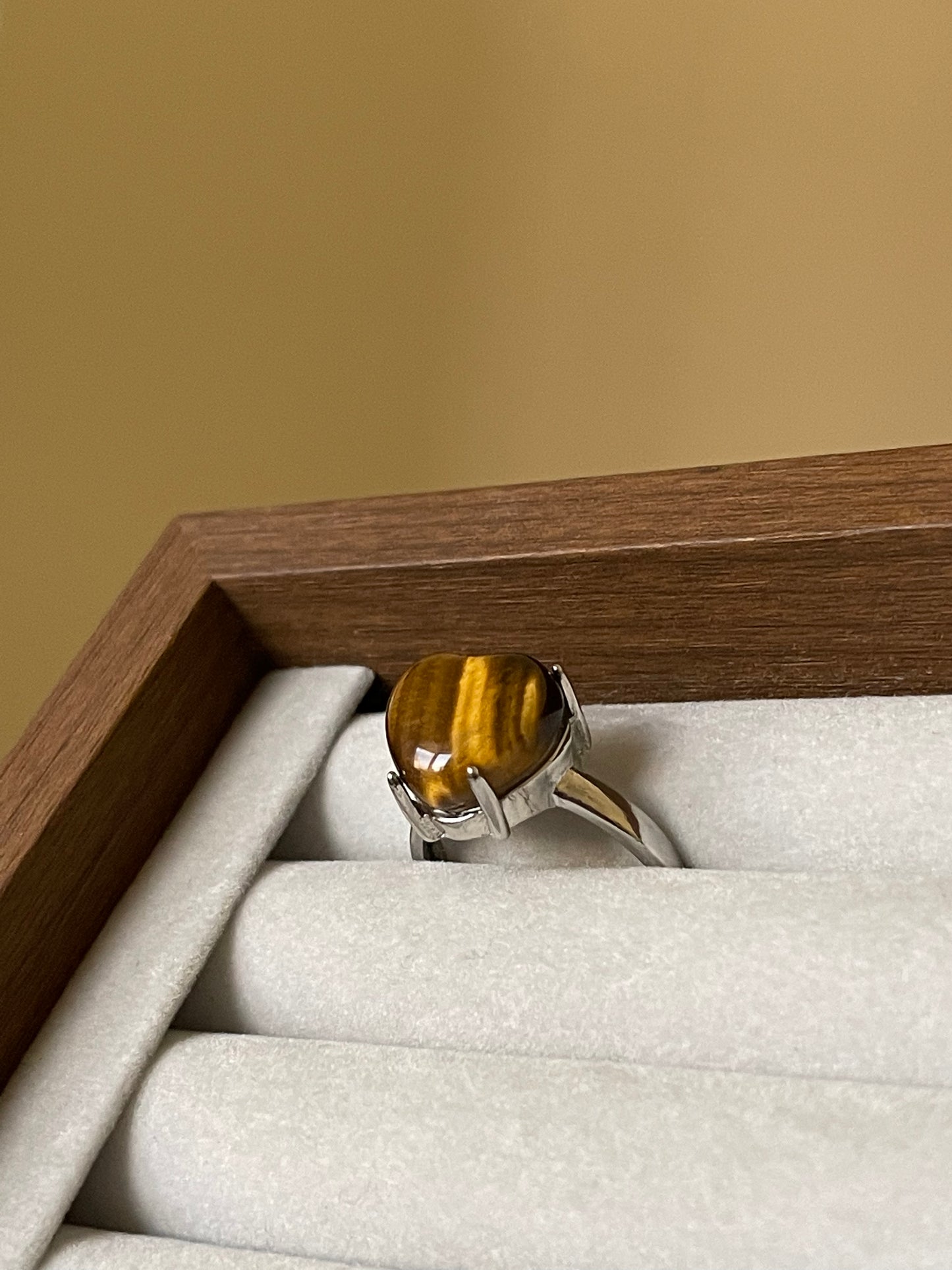 S925 Heart Tiger Eye Ring | Adjustable | خاتم عين النمر