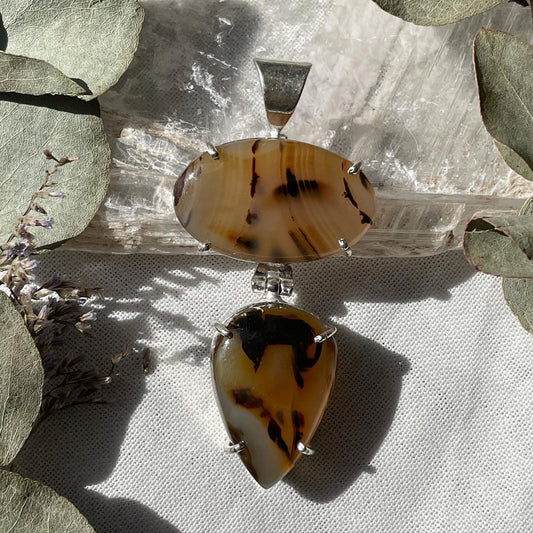 Montana Agate Double Pendant Sterling silver 925 حجر العقيق المصور طبيعي فضة إسترليني