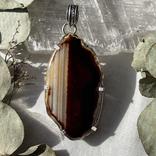 Large Natural Brown Agate Pendant Sterling silver 925 عقيق بني طبيعي فضة إسترليني