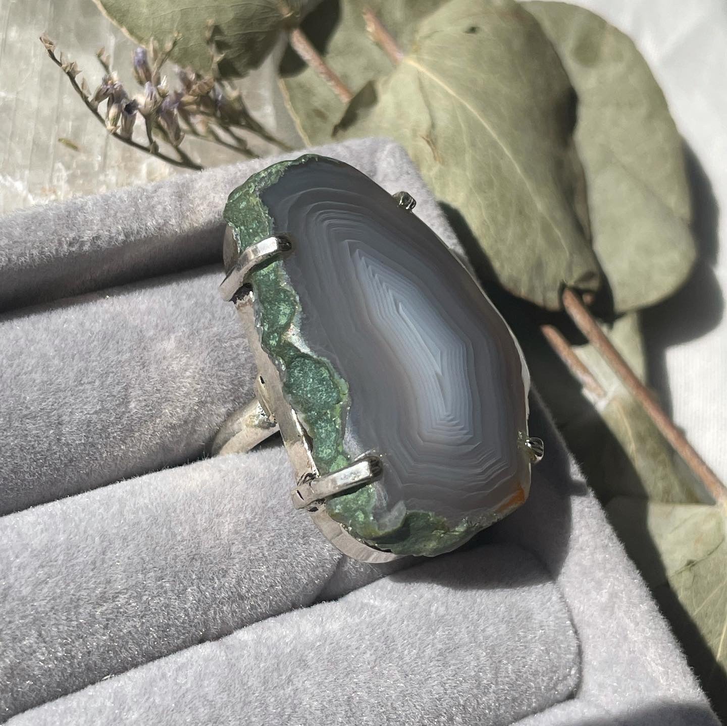 Gray Natural Agate Slice Ring Sterling Silver 925 | 7.5 | خاتم عقيق رمادي طبيعي فضة إسترليني