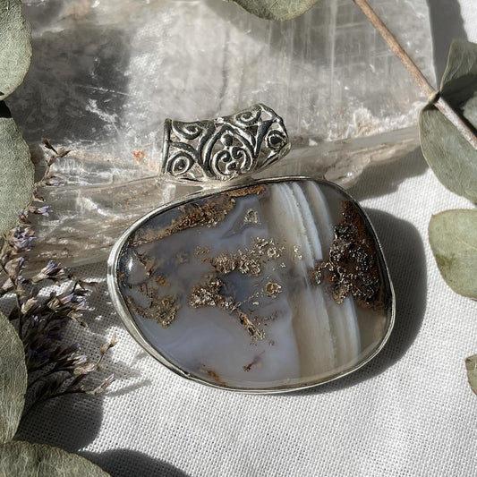 Large Dendritic Agate Pendant Sterling silver 925 العقيق المشجر طبيعي فضة إسترليني