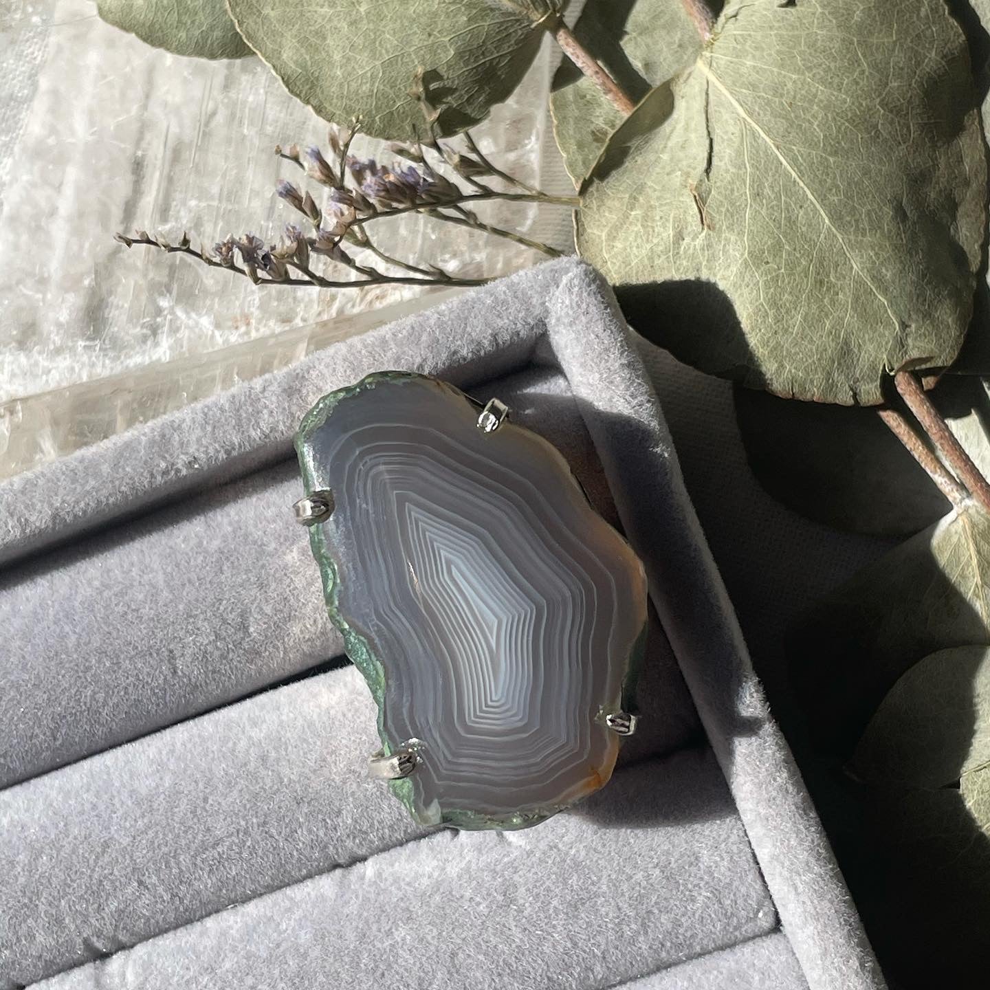 Gray Natural Agate Slice Ring Sterling Silver 925 | 7.5 | خاتم عقيق رمادي طبيعي فضة إسترليني