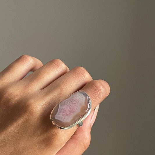 Pink Agate Solar Ring Sterling silver 925 | 7.5 | خاتم عقيق الشمسي الزهري فضة إسترليني