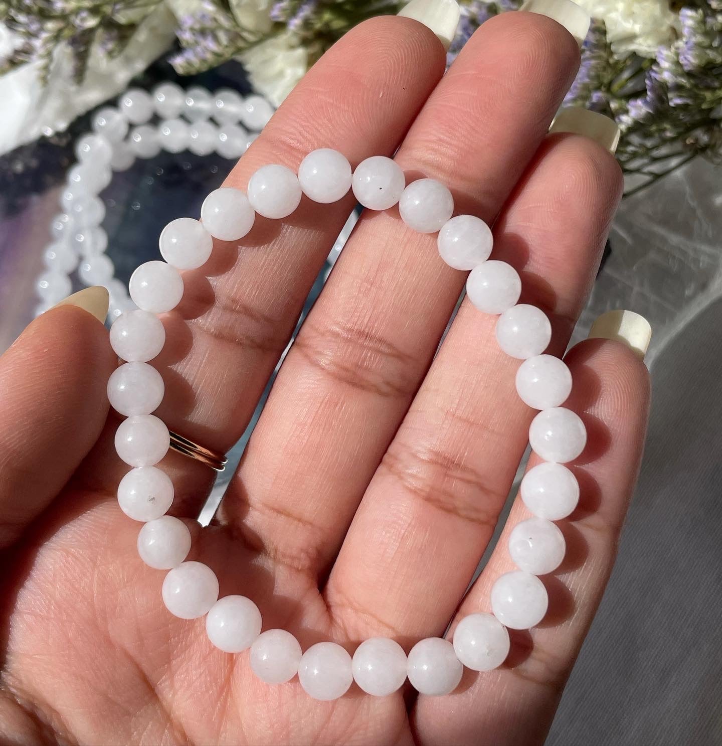 White Jade Stone Bracelet  Beads 8 mm