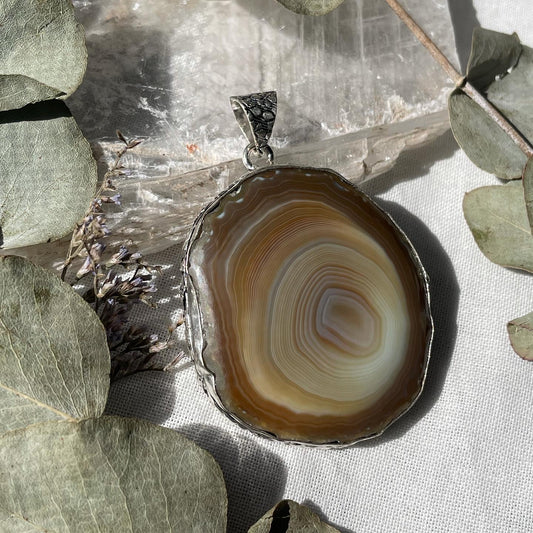 Large Natural Brown Agate Slice Pendant Sterling silver 925 عقيق بني طبيعي فضة إسترليني